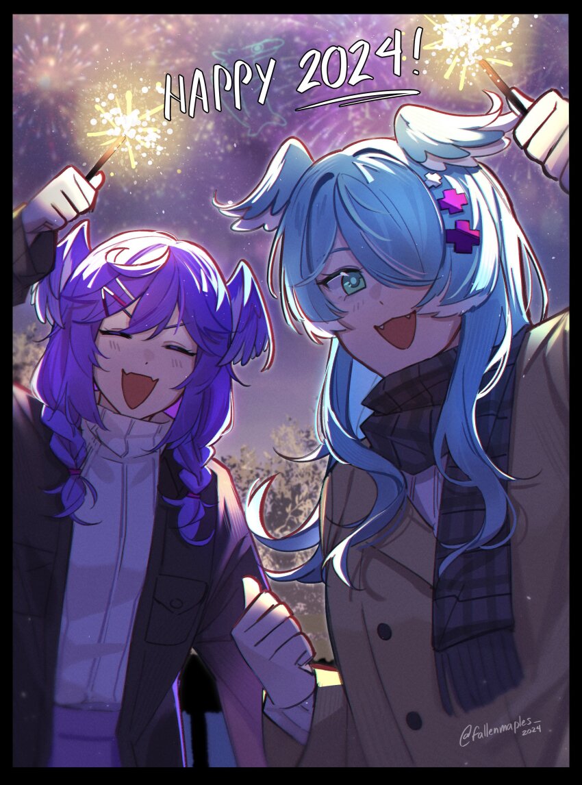 2024, 2girls, absurdres, aerial_fireworks, black_border, blue_hair, border, braid