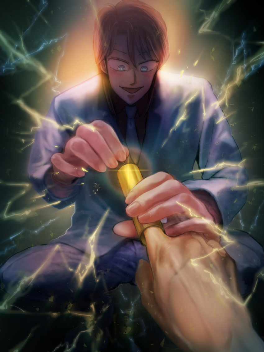 2boys, blue_eyes, bright_pupils, commentary, feet_out_of_frame, fingernail_torture_device, fingernails, grey_jacket