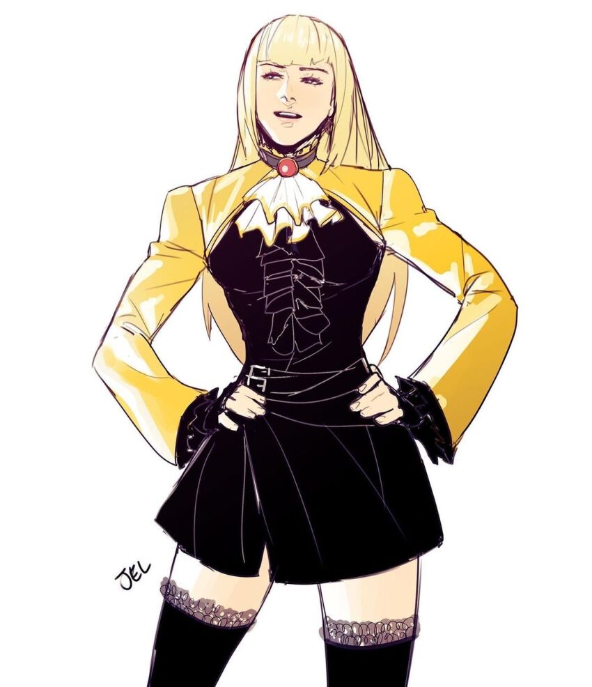 1girl, blonde_hair, breasts, dress, emilie_de_rochefort, fingerless_gloves, gloves, hands_on_own_hips