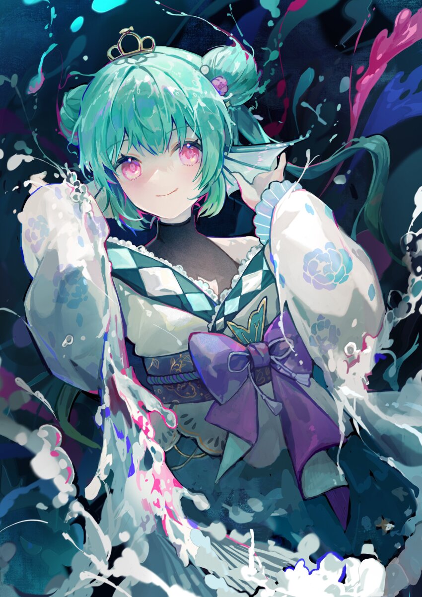 1girl, absurdres, aqua_hair, black_sash, bow, double_bun, finana_ryugu, finana_ryugu_(2nd_costume)