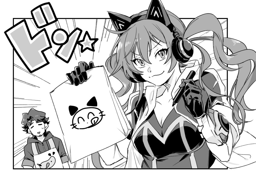 1boy, 1girl, animal_ear_headphones, animal_ears, apron, bag, breasts, cat_ear_headphones, cat_ears, cleavage, duel_monster, fake_animal_ears, gloves, greyscale, grin, headphones, highres, holding, holding_bag, holding_marker, hood, hoodie, i:p_masquerena, kusanagi_shouichi, long_hair, marker, medium_breasts, medium_hair, monochrome, paper_bag, short_sleeves, smile, sosamoto_(tvny2528), twintails, yu-gi-oh!, yu-gi-oh!_vrains
