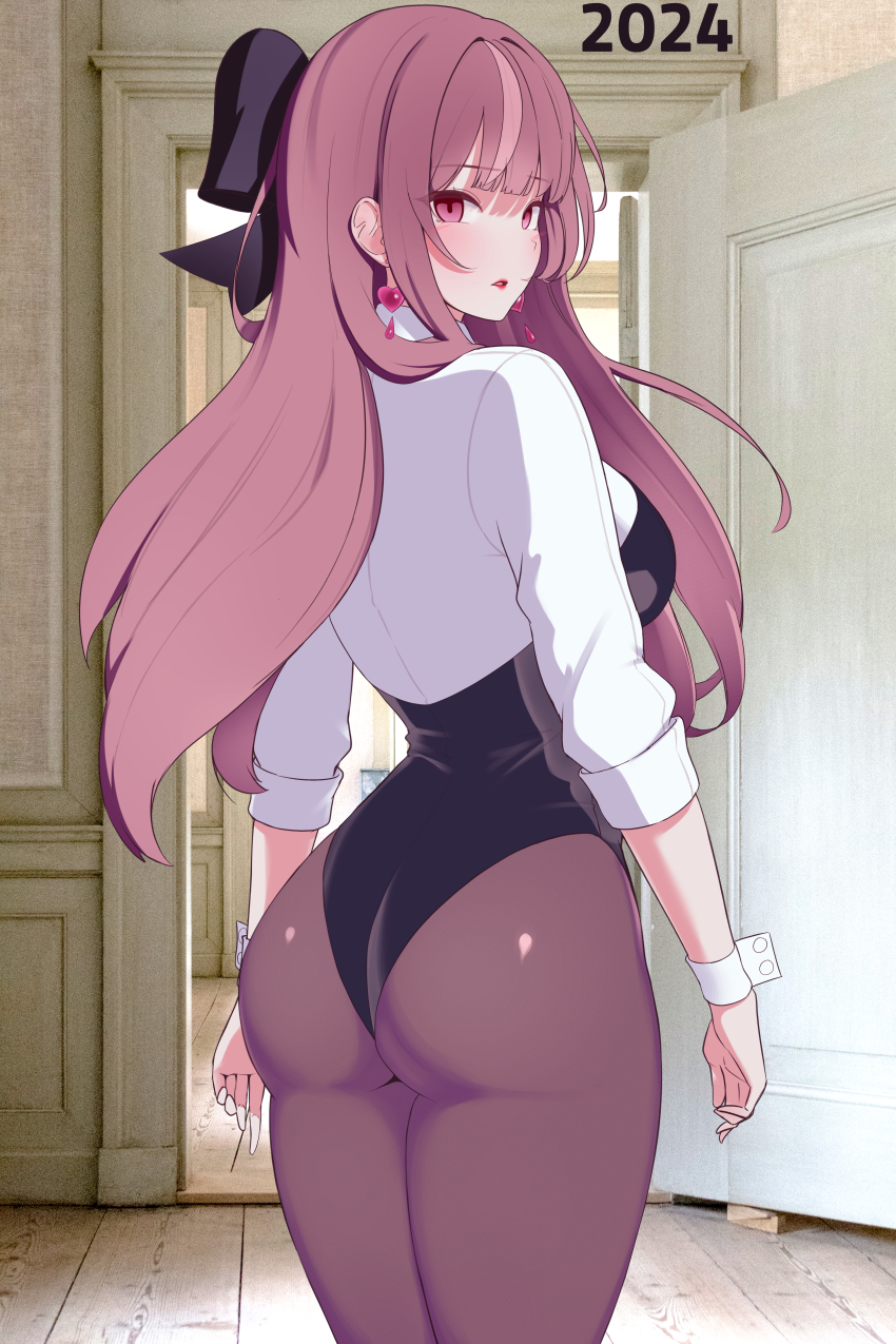 1girl, 2024, absurdres, ass, black_bow, black_leotard, bow, breasts