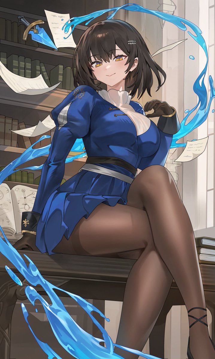 1girl, black_hair, blue_dress, book, bookshelf, breasts, brown_dust_(series), brown_dust_2, brown_eyes, brown_gloves, brown_pantyhose, crossed_legs, curtains, dagger, dress, feet_out_of_frame, floating, floating_object, floating_weapon, flying_paper, from_below, gloves, hair_between_eyes, hair_ornament, hairclip, highres, hood_(james_x), hydrokinesis, juliet_sleeves, knife, large_breasts, long_sleeves, looking_at_viewer, looking_down, open_book, pantyhose, paper, pleated_dress, puffy_sleeves, scheherazade_(brown_dust), scheherazade_(the_lapis_witch)_(brown_dust), short_hair, sitting, sitting_on_table, solo, sweater, turtleneck, turtleneck_sweater, water, weapon, white_sweater