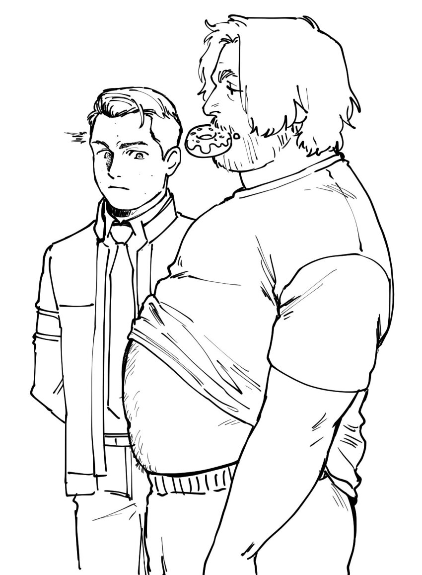 2boys, bara, beard_stubble, big_belly, blank_stare, character_request, clothes_lift, connor_(detroit)