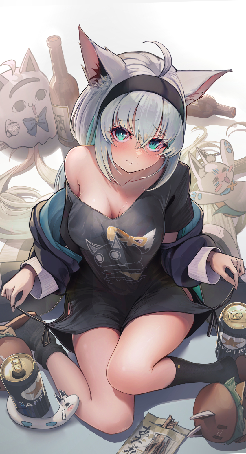 1girl, absurdres, ahoge, animal_ears, aqua_eyes, badman6050, black_coat, black_headband, black_shirt, blush, breasts, cleavage, clothing_cutout, coat, fox_ears, fox_girl, fox_tail, grey_hair, headband, highres, hip_vent, hololive, large_breasts, long_hair, looking_at_viewer, official_alternate_costume, oruyanke_(shirakami_fubuki), shirakami_fubuki, shirakami_fubuki_(loungewear), shirt, slippers, sukonbu_(shirakami_fubuki), tail, very_long_hair, virtual_youtuber