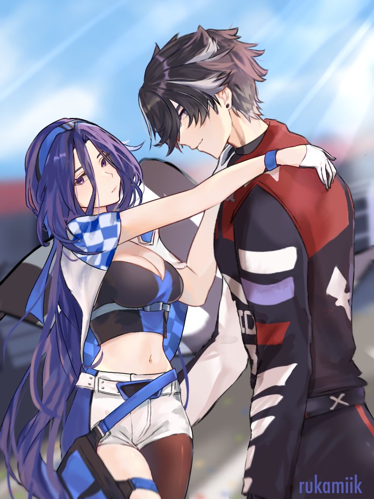 1boy, 1girl, belt, black_hair, breasts, cleavage, clorinde_(genshin_impact), clorinde_(teyvat_turboflux)_(genshin_impact)