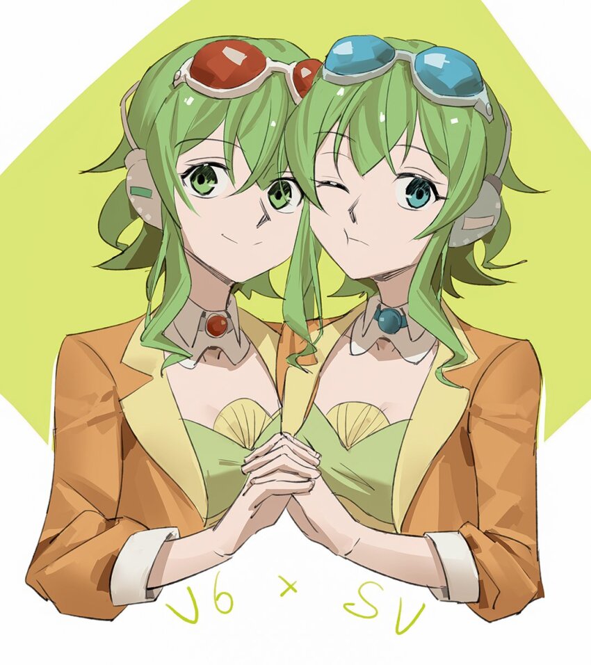 2girls, blue-tinted_eyewear, blue_eyes, brooch, cheek-to-cheek, collar, commentary, cropped_torso, detached_collar, dual_persona, goggles, goggles_on_head, green_eyes, green_hair, green_tube_top, gumi, gumi_(ai_megpoid), gumi_(sv), headphones, heads_together, highres, holding_hands, jacket, jewelry, looking_at_viewer, multiple_girls, one_eye_closed, orange_jacket, red_goggles, smile, strapless, synthesizer_v, tinted_eyewear, tube_top, upper_body, vocaloid, white_background, wounds404