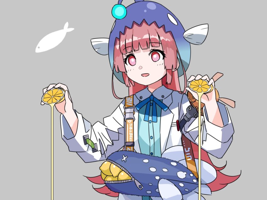 1girl, anglerfish_costume, blue_ribbon, blue_shirt, blunt_bangs, blush, fish_hat, food