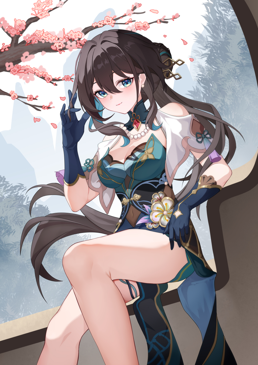 1girl, absurdres, aqua_dress, bare_shoulders, black_hair, blue_eyes, blue_gloves, breasts