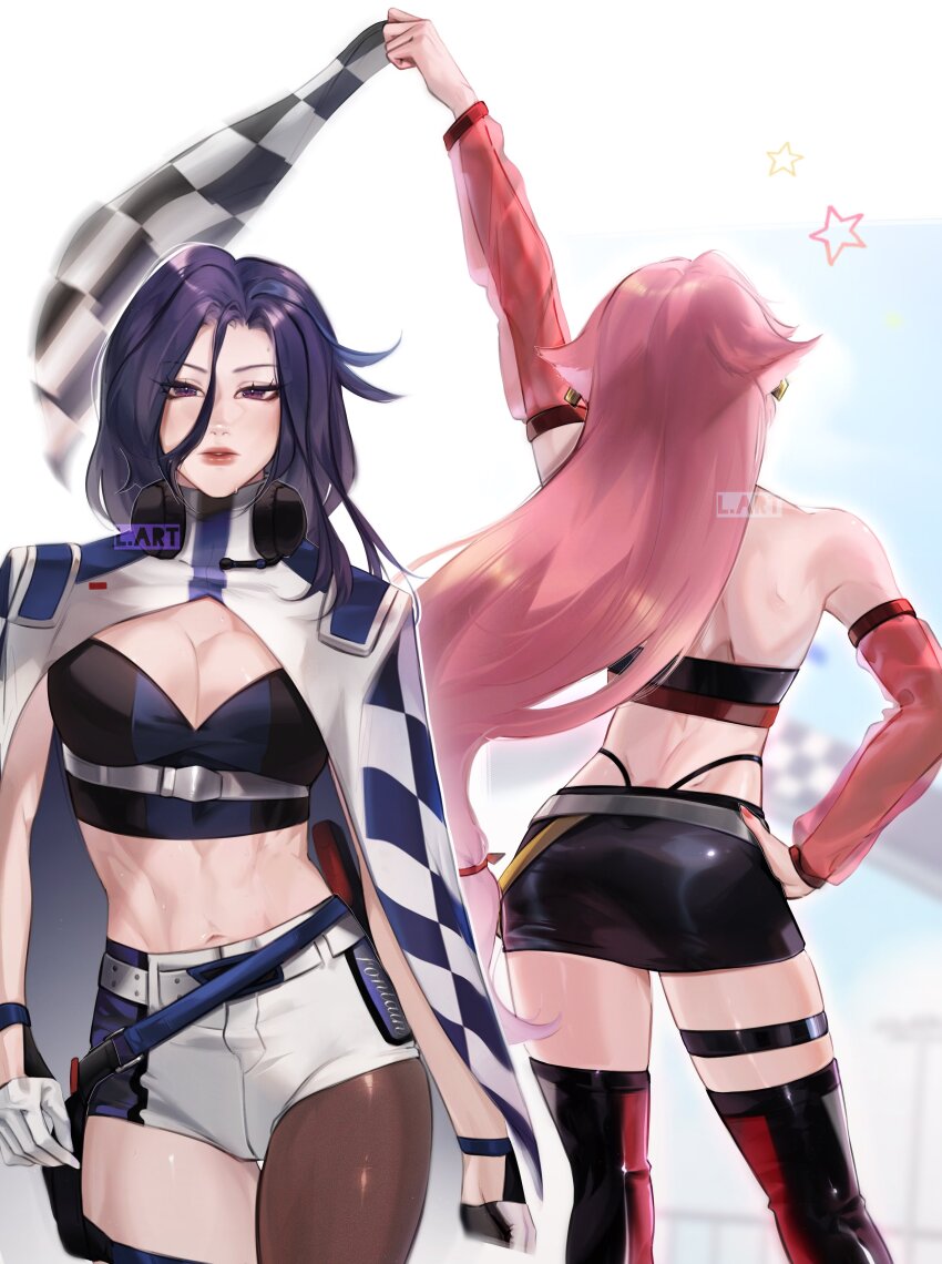 2girls, absurdres, animal_ears, arm_up, ass, bandeau, black_skirt, black_thighhighs, breasts, cape, cleavage, clorinde_(genshin_impact), clorinde_(teyvat_turboflux)_(genshin_impact), commentary, cowboy_shot, detached_sleeves, fox_ears, from_behind, genshin_impact, gradient_background, hand_on_own_hip, highres, holding, lart_art1, long_hair, long_sleeves, medium_breasts, midriff, miniskirt, multiple_girls, navel, pencil_skirt, pink_hair, purple_eyes, purple_hair, race_queen, short_shorts, shorts, single_leg_pantyhose, skirt, standing, stomach, thigh_strap, thighhighs, thighs, very_long_hair, white_background, white_cape, white_shorts, yae_miko, yae_miko_(teyvat_turboflux)