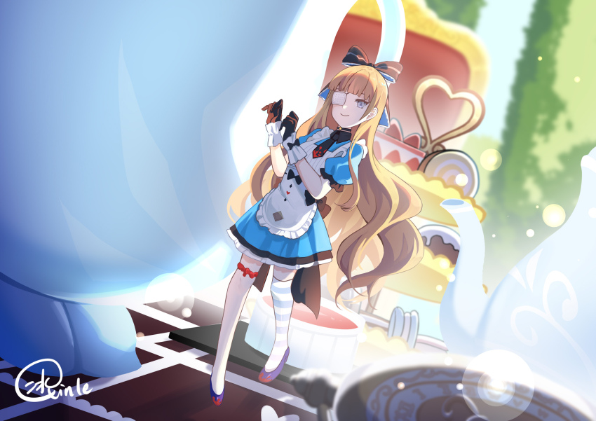 1girl, aisuqinle, alice's_adventures_in_wonderland, apron, asymmetrical_legwear, black_choker, black_collar, black_gloves