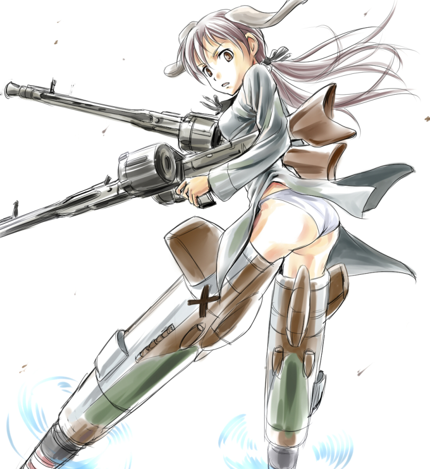 1girl, animal_ears, ass, brown_eyes, brown_hair, drum_magazine, dual_wielding, female_focus