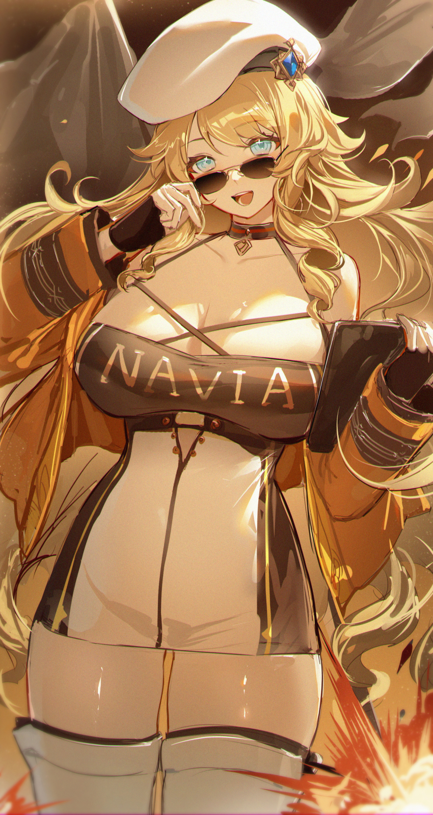 1girl, :d, absurdres, alternate_costume, blonde_hair, blue_eyes, breasts, dress, drill_hair, drill_sidelocks, genshin_impact, gloves, halterneck, hat, highres, huge_breasts, large_breasts, long_hair, looking_at_viewer, navia_(genshin_impact), navia_(teyvat_turboflux)_(genshin_impact), open_mouth, race_queen, shibuya_(kurokamishain), sidelocks, smile, solo, sunglasses, thick_thighs, thighs, very_long_hair