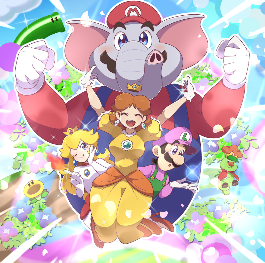 2girls, 3boys, blonde_hair, blue_eyes, breasts, brooch, brown_hair, bubble