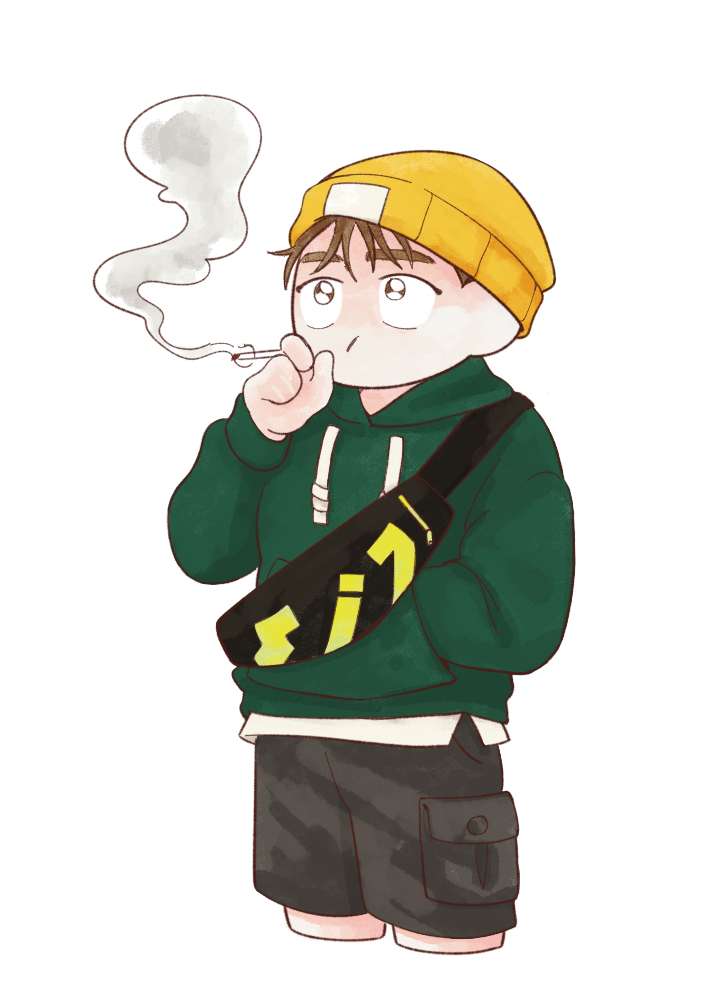 1boy, brown_hair, cigarette, commentary_request, cropped_legs, eoduun_badaui_deungbul-i_doeeo, fanny_pack, gof2ull