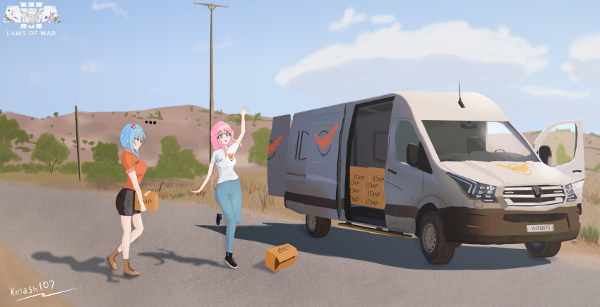 2girls, absurdres, arma_3, black_shorts, blue_hair, car, denim, highres