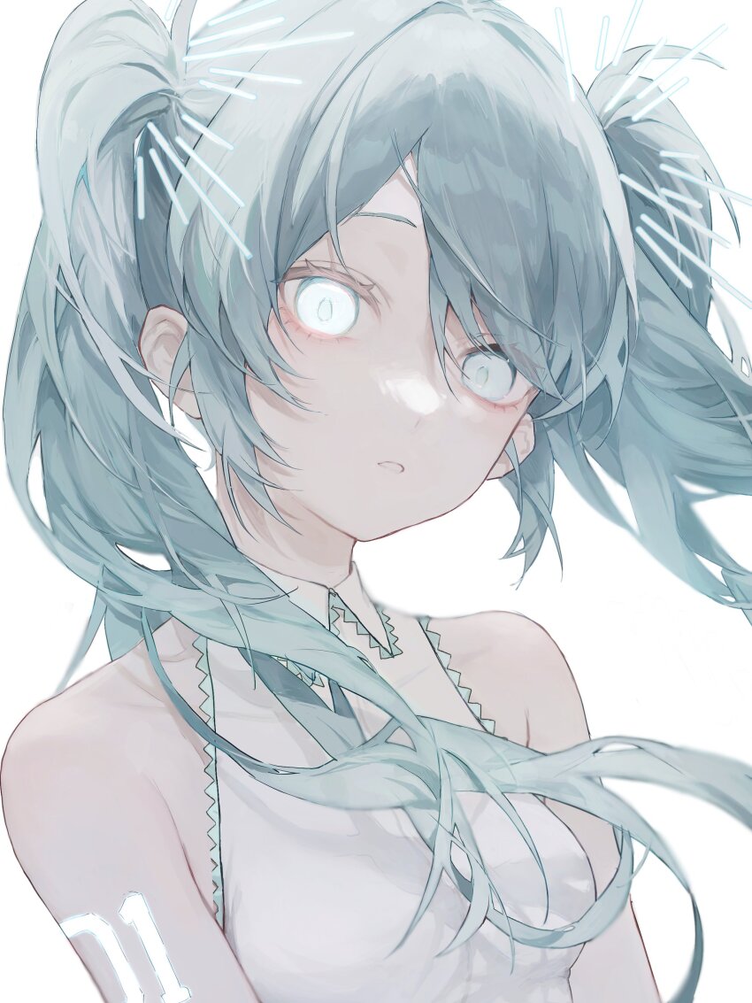 1girl, absurdres, aqua_hair, bare_shoulders, breasts, collared_shirt, commentary_request, expressionless