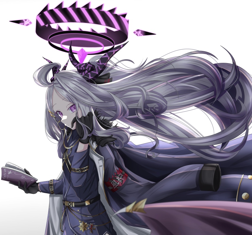 1girl, absurdres, ahoge, armband, belt, black_coat, black_gloves, blue_archive