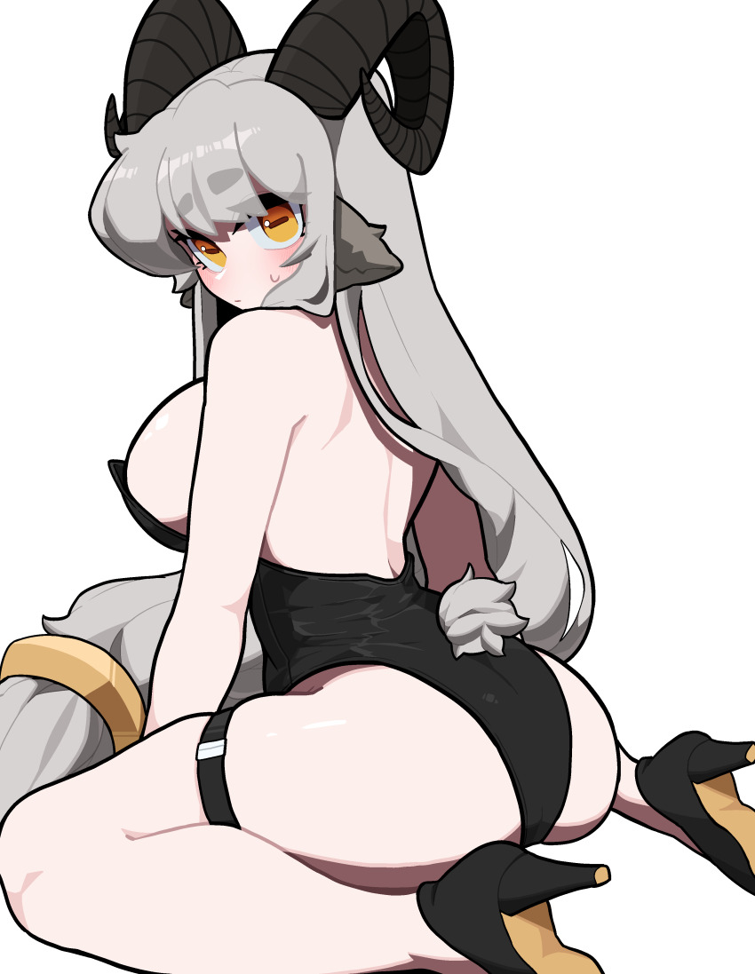 1girl, absurdres, animal_ears, ass, ass_focus, back, backless_outfit, black_horns