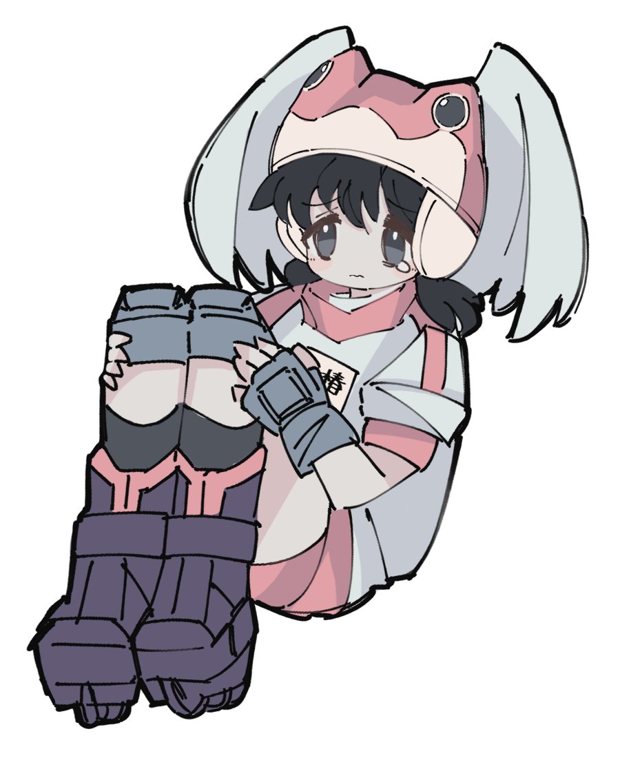 1girl, alien_nine, black_footwear, black_hair, black_socks, blush, borg_(alien_nine), fingerless_gloves