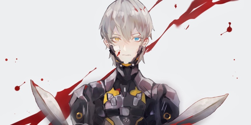 1boy, armored_bodysuit, black_bodysuit, blood, blood_on_armor, blood_on_face, blood_splatter, bloody_weapon