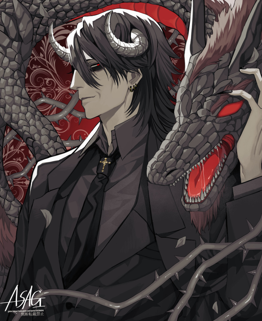 1boy, artist_name, asagi_1120, black_hair, black_necktie, black_suit, dragon, earrings, formal_clothes, forward-facing_horns, hair_between_eyes, hand_up, highres, horns, jewelry, long_sleeves, mature_male, medium_hair, necktie, old, old_man, open_mouth, original, red_eyes, saliva, standing, suit, thorns, upper_body, watermark, web_address, western_dragon
