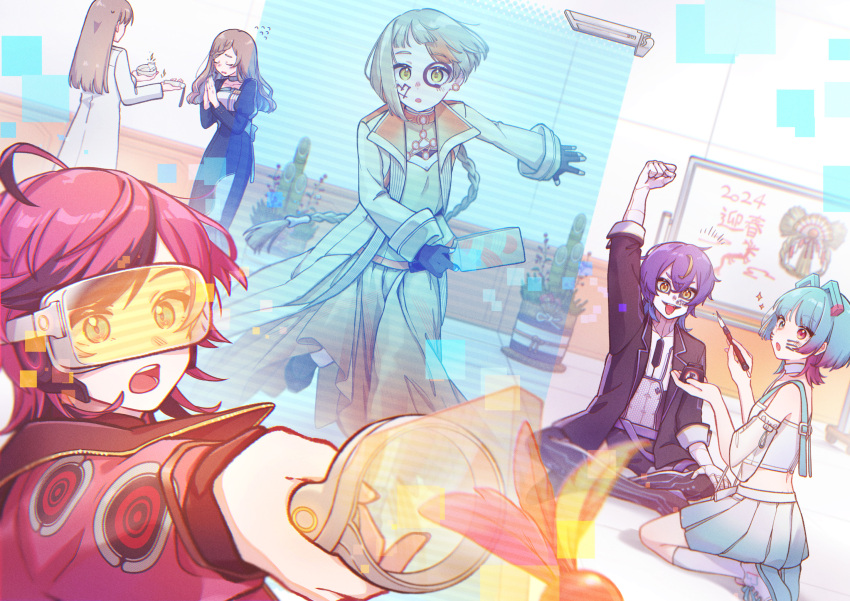 2024, 2boys, 4girls, :o, aisuu_(voisona), android, apologizing, black_dress