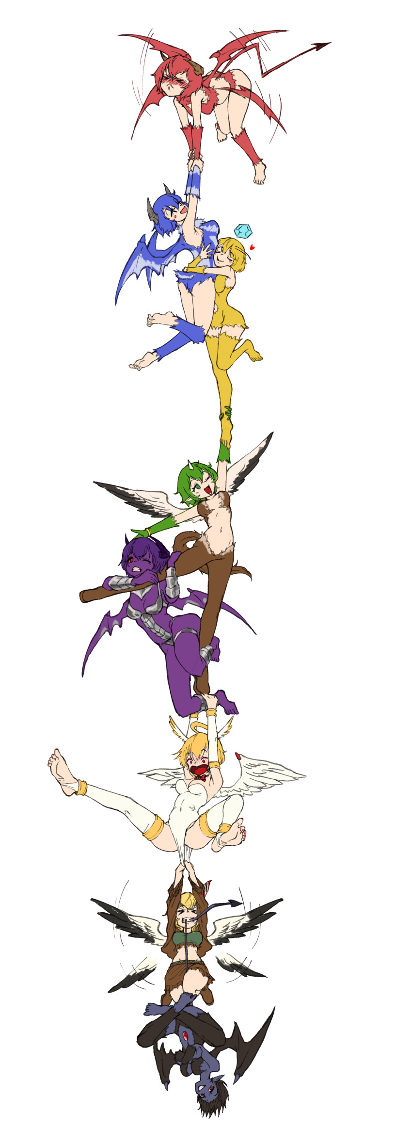 >_<, 6+girls, :<, ;d, absurdres, afterimage, allure_(monster_farm), angel_(monster_farm), bat_wings, black_fur, black_hair, black_wings, blonde_hair, blue_fur, blue_hair, blue_skin, blush, body_fur, brown_fur, brown_horns, brown_skirt, closed_eyes, closed_mouth, colored_skin, demon_girl, demon_horns, demon_tail, feathered_wings, flat_color, fringe_trim, gerusyu, green_eyes, green_hair, green_headband, grey_horns, grin, halo, head_wings, headband, heart, highres, horns, hug, jewelry, leotard, leotard_pull, lilim_(monster_farm), mia_(monster_farm), miniskirt, mint_(monster_farm), monster_farm, mouth_hold, multiple_girls, nail_polish, navel, nose_blush, one_eye_closed, open_mouth, pixie_(monster_farm), pointy_ears, purple_horns, purple_skin, red_eyes, red_fur, red_hair, red_nails, red_tail, short_hair, single_horn, skirt, smile, stirrup_legwear, strapless, strapless_leotard, surprised, tail, thighhighs, thighlet, toeless_legwear, toenail_polish, toenails, transparent_background, unico_(monster_farm), upside-down, vanity_(monster_farm), white_horns, white_leotard, white_thighhighs, white_wings, wings, yellow_fur