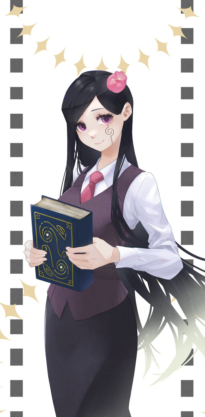1girl, black_hair, black_skirt, book, commentary, flower, hair_flower, hair_ornament, highres, holding, holding_book, long_hair, long_sleeves, mashle, megane_ox4, pink_eyes, shirt, simple_background, skirt, smile, solo, sophina_biblia, very_long_hair, vest, white_background, white_shirt