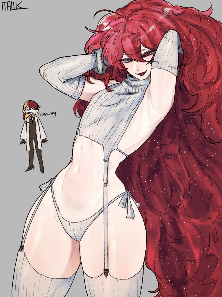 2others, ambiguous_gender, cowboy_shot, grey_background, grey_panties, grey_sweater, hands_in_own_hair, houseki_no_kuni, multiple_others, non-web_source, padparadscha_(houseki_no_kuni), pale_skin, panties, red_eyes, red_hair, red_lips, signature, simple_background, sparkle, sweater, thighhighs, underwear, virgin_destroyer_sweater