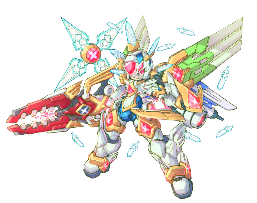 1boy, absurdres, arm_cannon, armor, copy_x_(mega_man), fighting_fefnir_(mega_man), fusion, glowing, glowing_weapon, sage_harpuia_(mega_man), helmet, highres, iikoao, fairy_leviathan_(mega_man), mega_man_(series), mega_man_zero_(series), hidden_phantom_(mega_man), red_eyes, spikes, tagme, weapon, wings