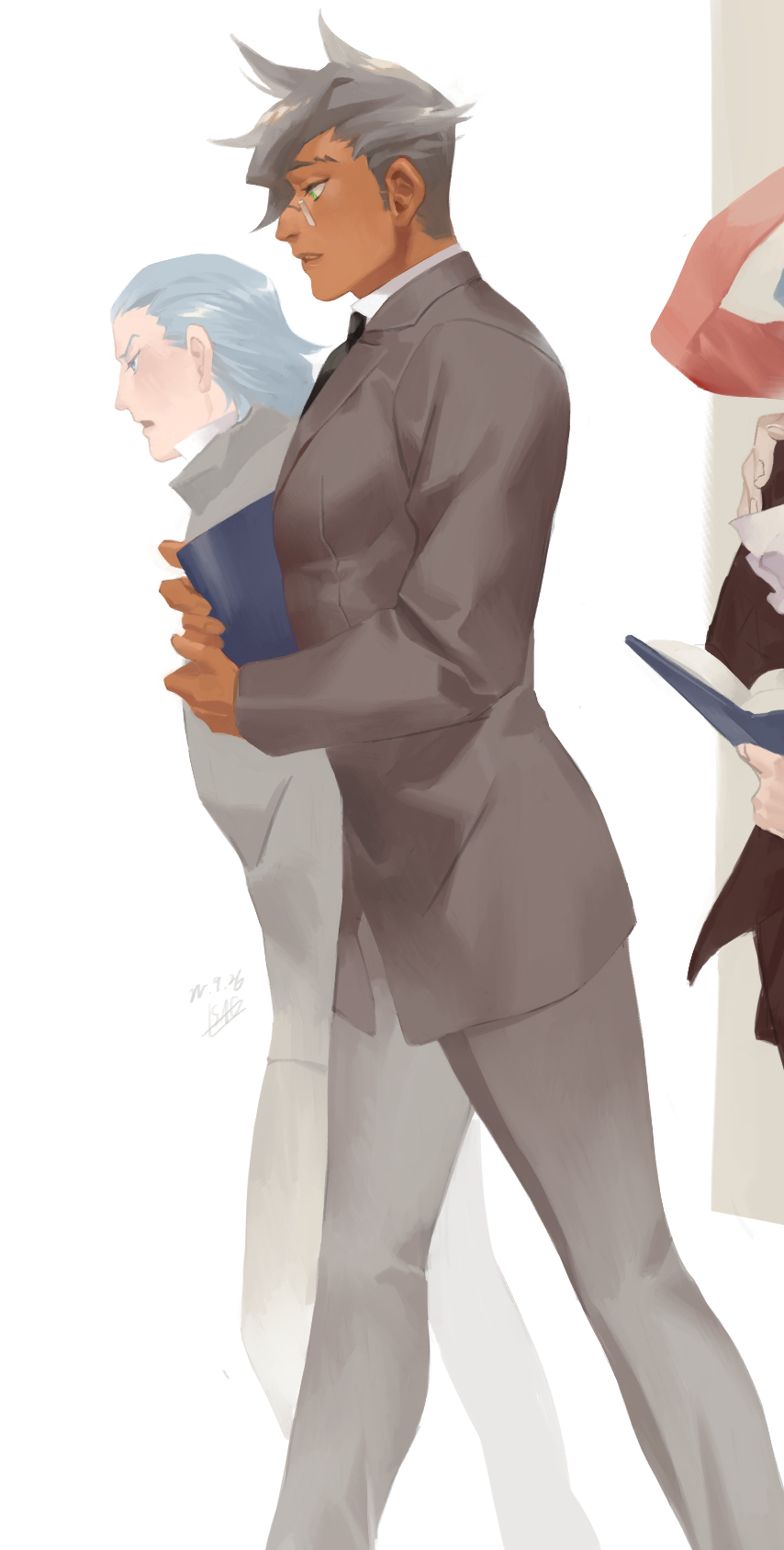 3boys, ace_attorney, book, damon_gant, formal_clothes, glasses, green_eyes, grey_hair