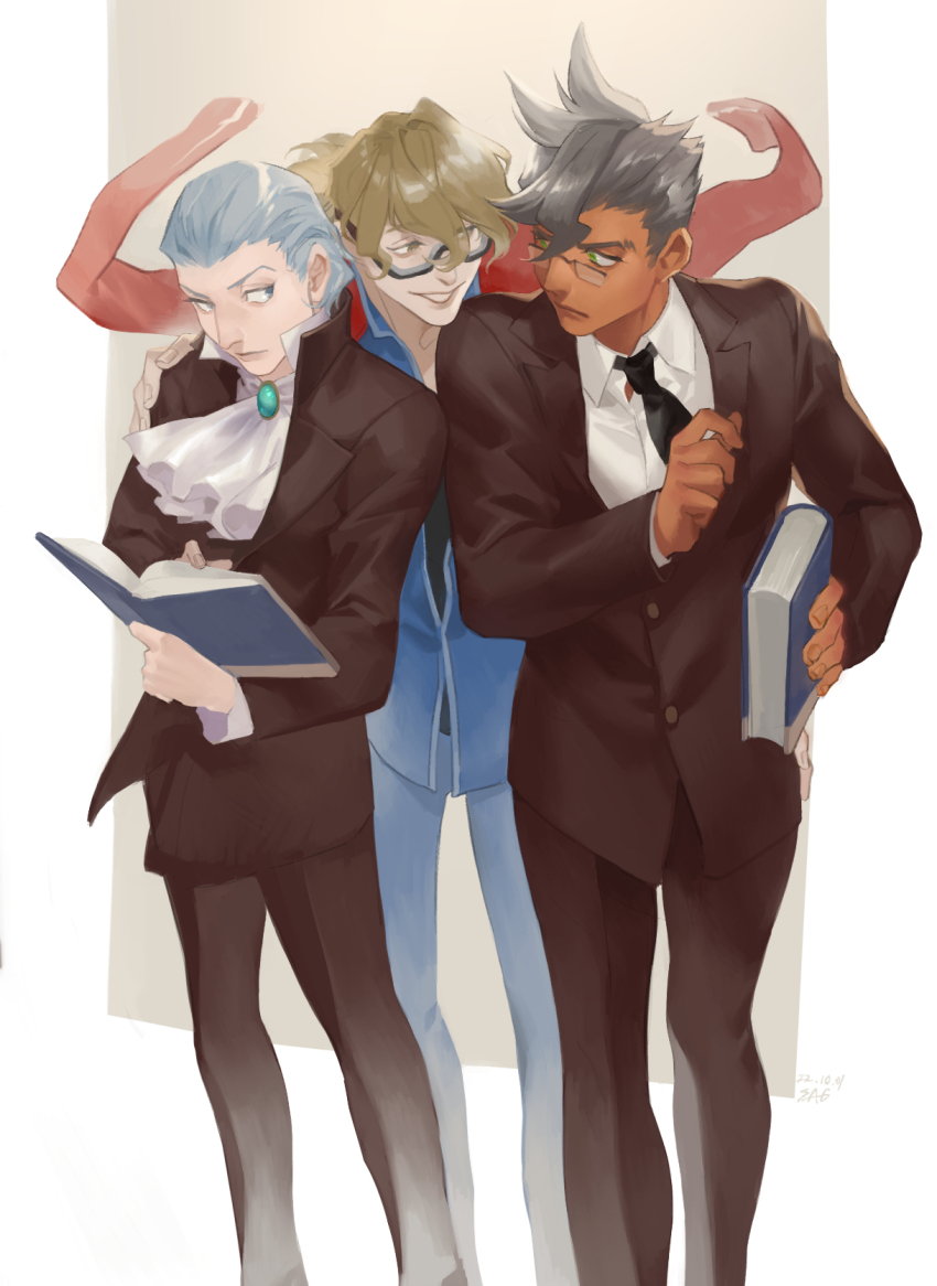 3boys, ace_attorney, aged_down, ascot, black_necktie, black_pants, black_suit, book