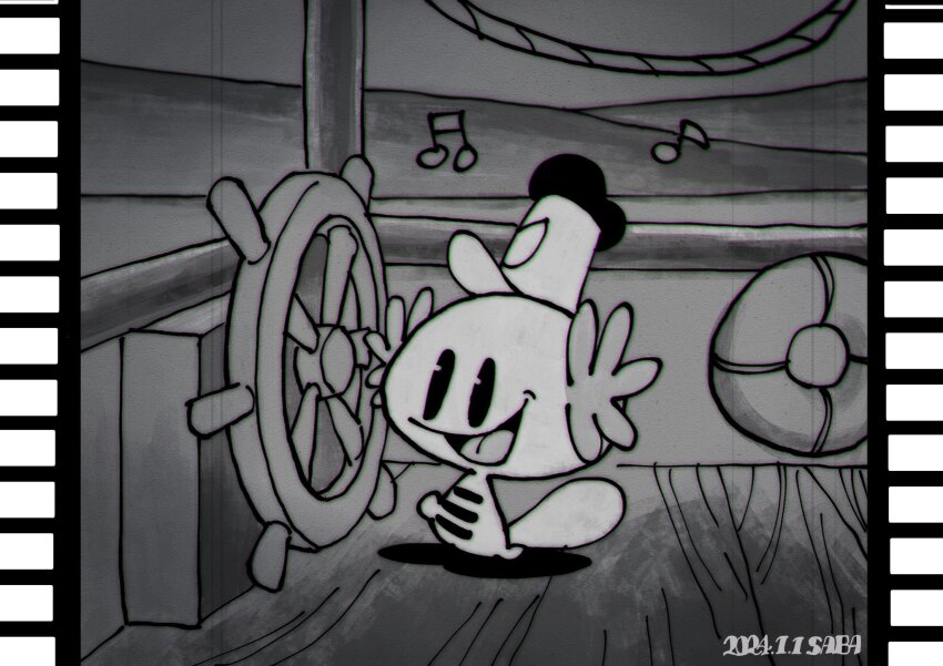 1920s_(style), 1other, boat, clothed_pokemon, disney, gen_2_pokemon, greyscale, highres, mickey_mouse_&amp;_friends, monochrome, nintendo, no_humans, on_boat, pokemon, pokemon_(creature), projector, saba_hokke, ship's_wheel, steamboat_willie, tapping_foot, walt_disney_(style), watercraft, wooper