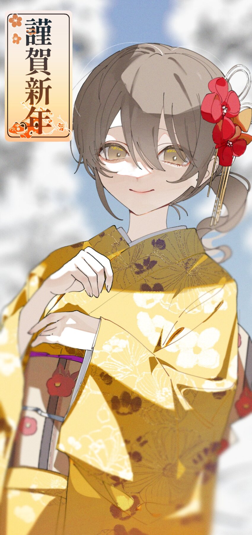 1girl, back_bow, blue_sky, blurry, blurry_background, bow, brown_hair, character_request