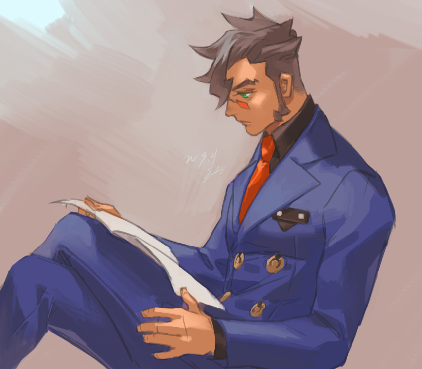 1boy, ace_attorney, aged_down, blue_jacket, crossed_legs, damon_gant, glasses, green_eyes