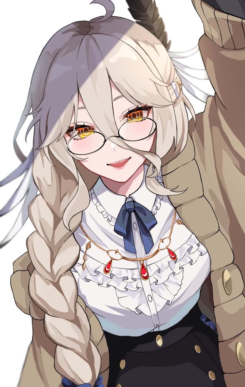 1girl, absurdres, ahoge, black_skirt, blue_bow, blue_bowtie, bow, bowtie