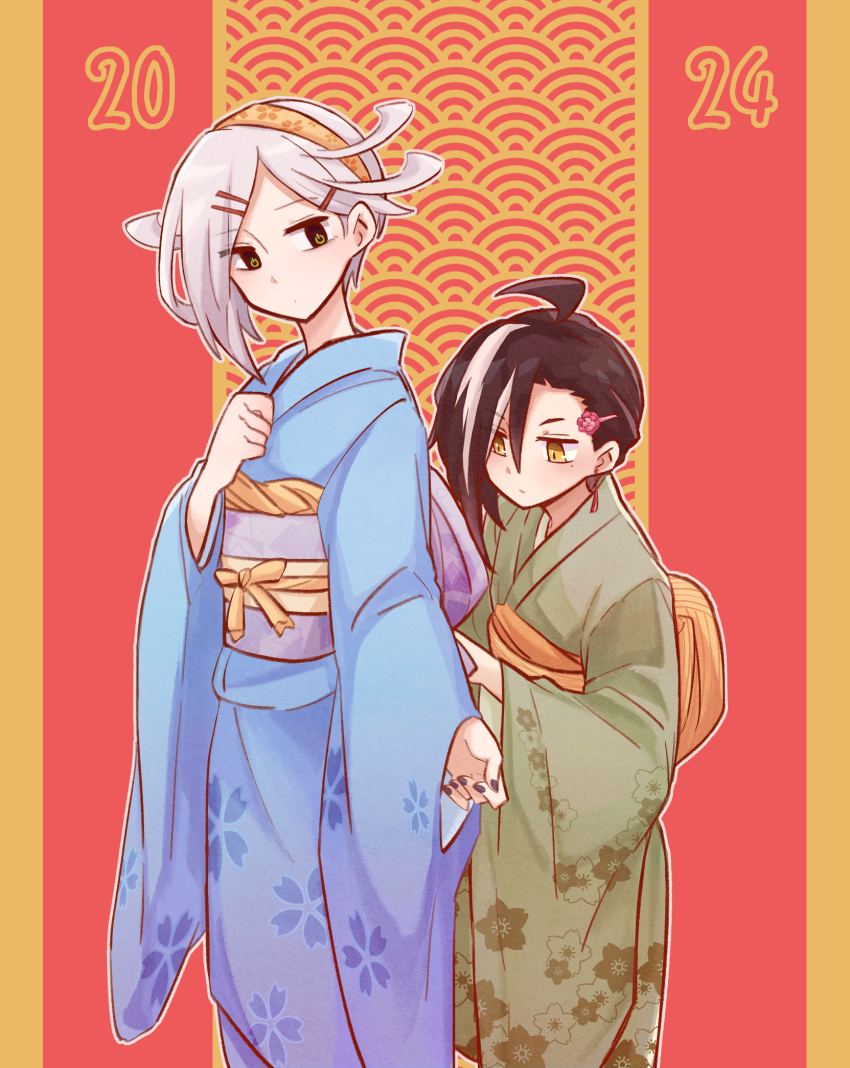 2024, 2girls, alonemistrist, black_hair, black_nails, blue_kimono, dragalia_lost, floral_print, green_kimono, hair_between_eyes, hairband, highres, japanese_clothes, kimono, long_sleeves, multicolored_hair, multiple_girls, obi, regina_(dragalia_lost), sandalphon_(dragalia_lost), sash, two-tone_hair, white_hair, wide_sleeves, yellow_eyes