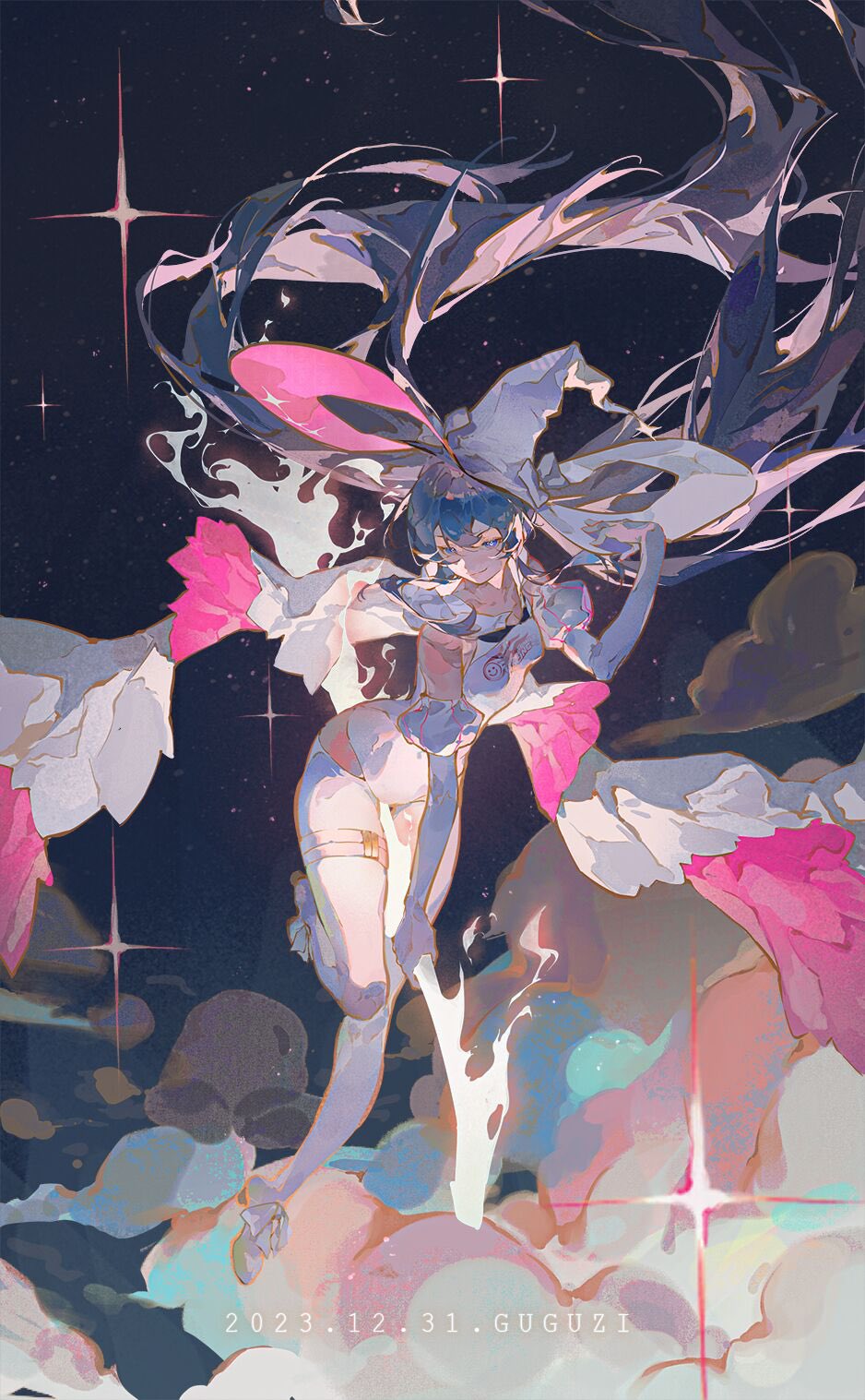 1girl, absurdly_long_hair, artist_name, blue_eyes, blue_hair, closed_mouth, dated, fire