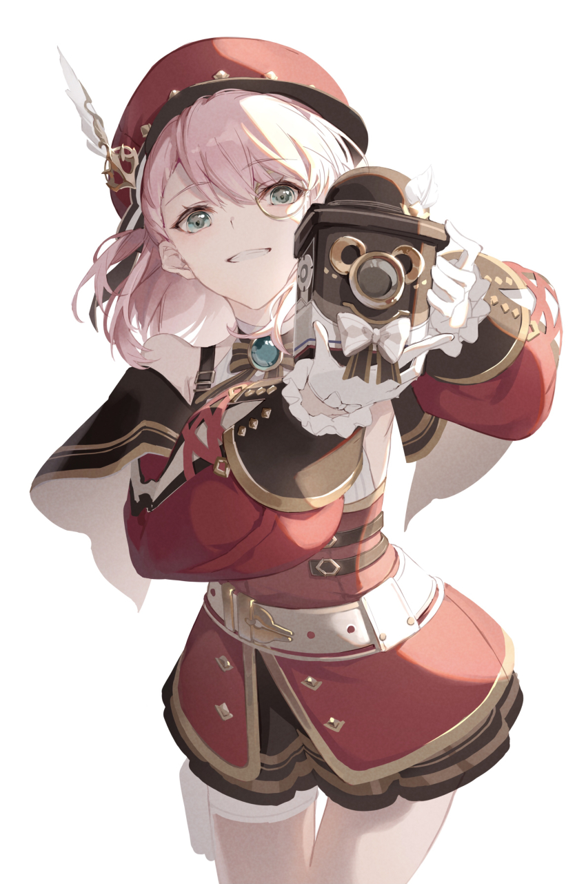 1girl, absurdres, bare_shoulders, bow, newsboy_cap, camera, charlotte_(genshin_impact), commentary_request