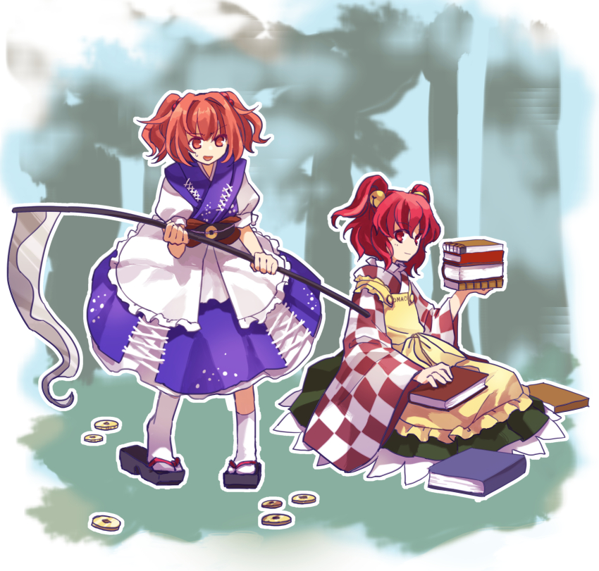 2girls, absurdres, apron, bell, blue_kimono, book, book_stack, checkered_clothes