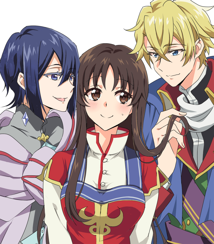 1girl, 2boys, :d, alberto_hawk, blonde_hair, blue_eyes, blue_hair, blush, brown_eyes, cape, commentary_request, hair_between_eyes, hetero, highres, holding_another's_hair, long_hair, masako_(sabotage-mode), multiple_boys, open_mouth, seijo_no_maryoku_wa_bannou_desu, short_hair, smile, sweatdrop, takanashi_sei, upper_body, white_background, yuri_dreves