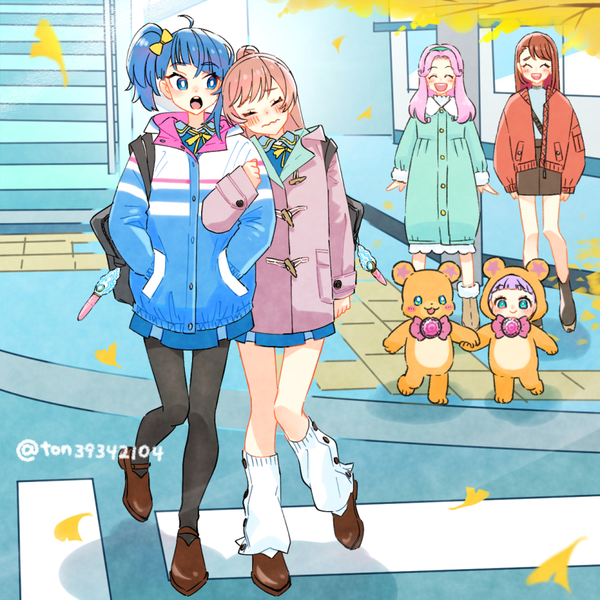 6+girls, ahoge, animal_costume, aqua_eyes, arm_garter, artist_name, autumn_leaves, bag