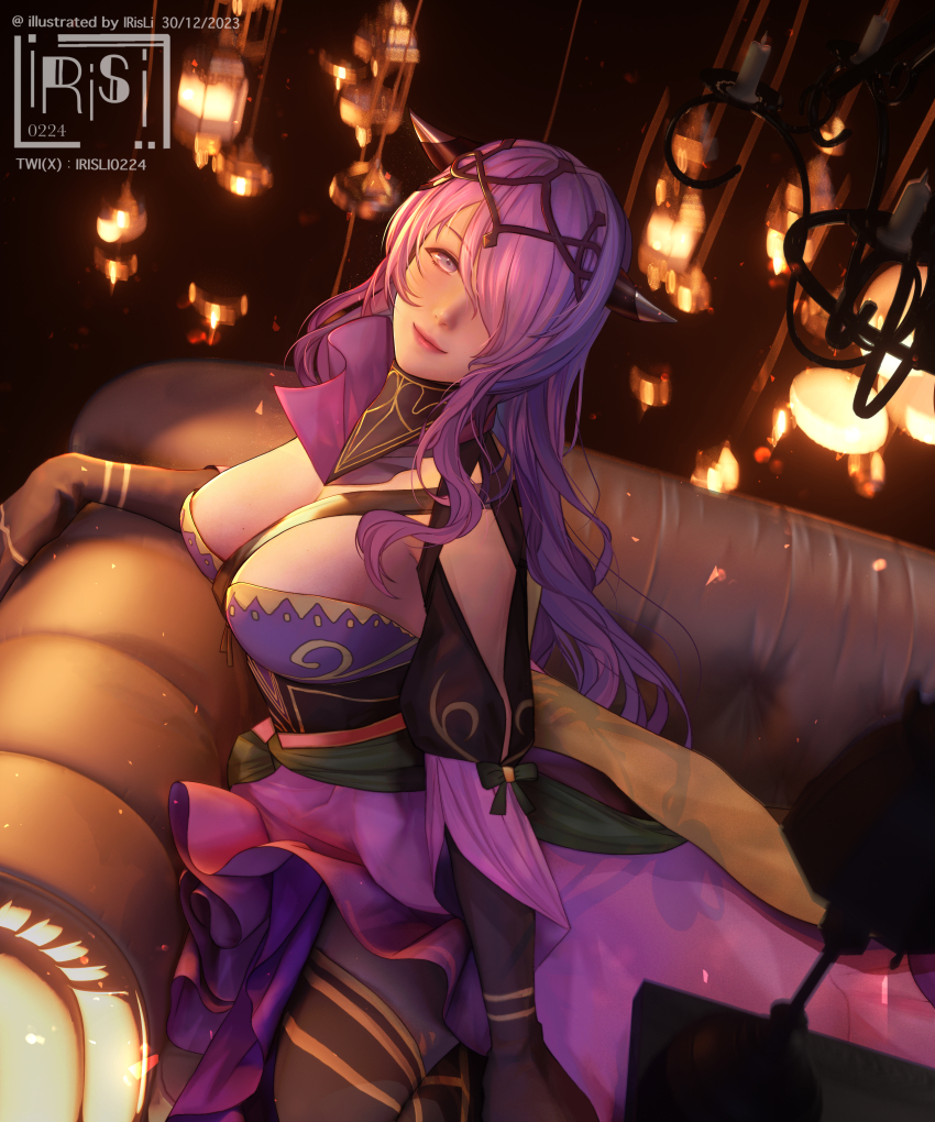 1girl, absurdres, artist_name, breasts, camilla_(alluring_darkness)_(fire_emblem), camilla_(fire_emblem), cleavage, couch, crown, dress, fake_horns, fire_emblem, fire_emblem_fates, fire_emblem_heroes, frilled_dress, frills, gloves, hair_over_one_eye, highres, horned_headwear, horns, irisli0224, large_breasts, long_hair, looking_at_viewer, nintendo, official_alternate_costume, on_couch, pantyhose, purple_dress, purple_eyes, purple_hair, smile, solo, tiara, very_long_hair, wavy_hair