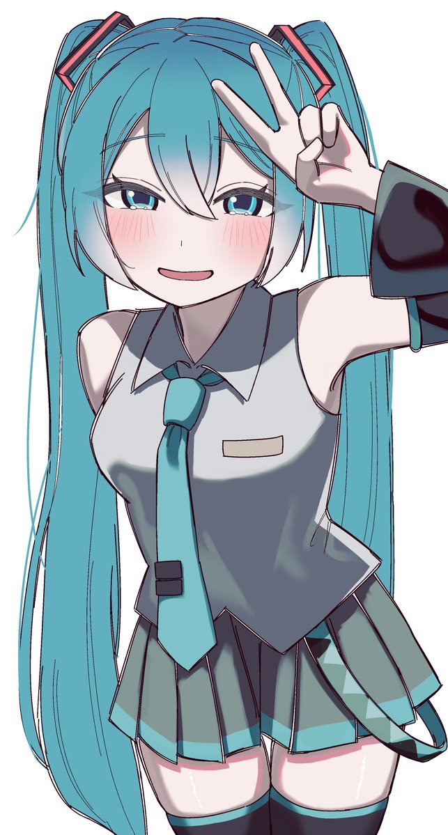1girl, aqua_eyes, aqua_hair, aqua_necktie, black_sleeves, black_thighhighs, blush, breasts, collared_shirt, commentary_request, cowboy_shot, detached_sleeves, double-parted_bangs, eyelashes, furuima, green_skirt, grey_shirt, hair_between_eyes, hair_ornament, hand_up, hatsune_miku, long_hair, looking_at_viewer, medium_breasts, necktie, open_mouth, pleated_skirt, shirt, sidelocks, simple_background, skirt, sleeveless, sleeveless_shirt, small_breasts, smile, tearing_up, thigh_gap, thighhighs, thighs, twintails, v, v_over_head, very_long_hair, vocaloid, white_background, zettai_ryouiki