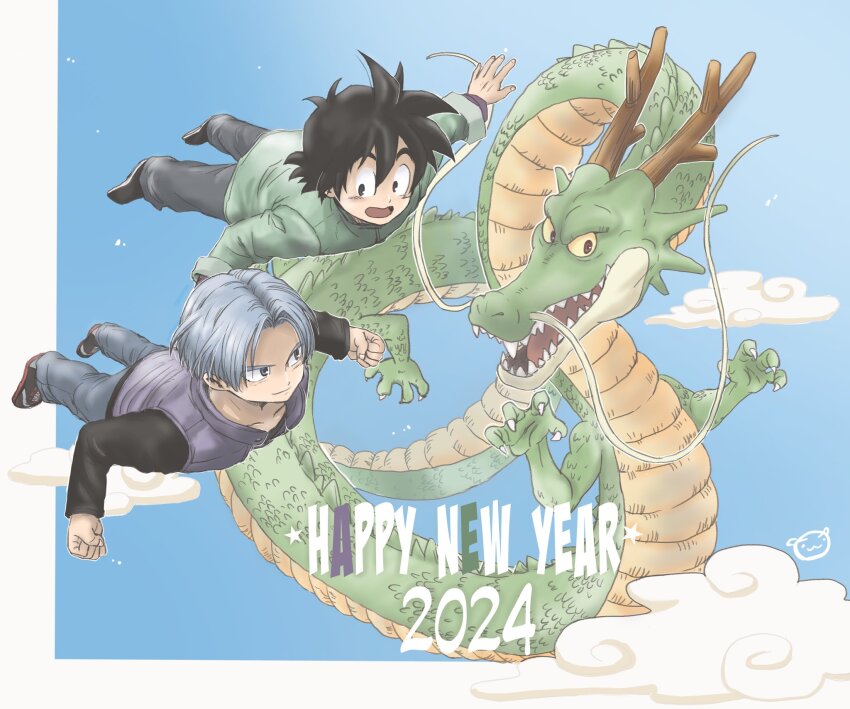 2024, 2boys, ayata-haikyu, black_footwear, black_horns, blue_hair, blue_sky, border
