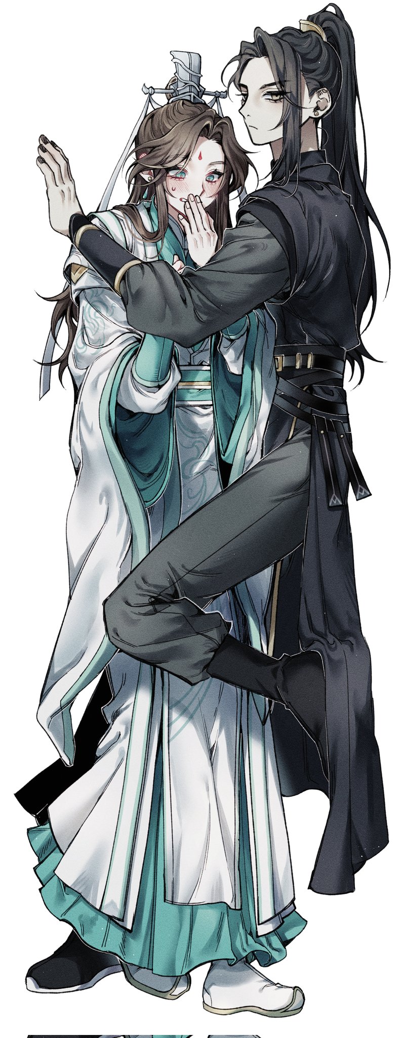 1boy, 1girl, belt, bisu_(hw3op), black_belt, black_footwear, black_hair, black_hanfu