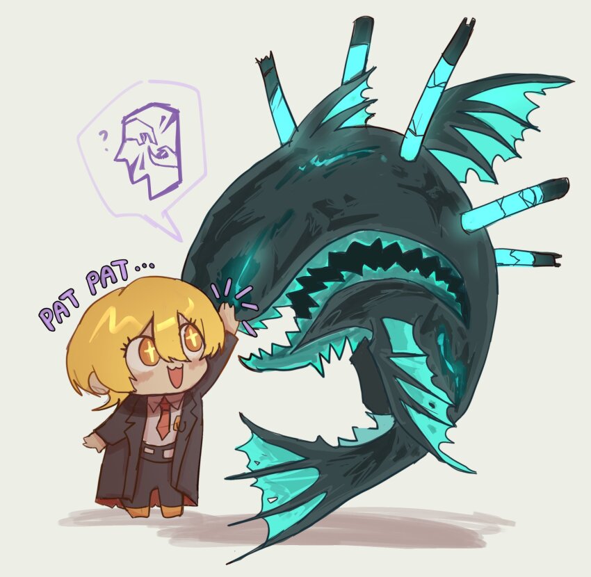 +_+, 1girl, blonde_hair, chibi, collared_shirt, don_quixote_(project_moon), dream-devouring_siltcurrent, fins