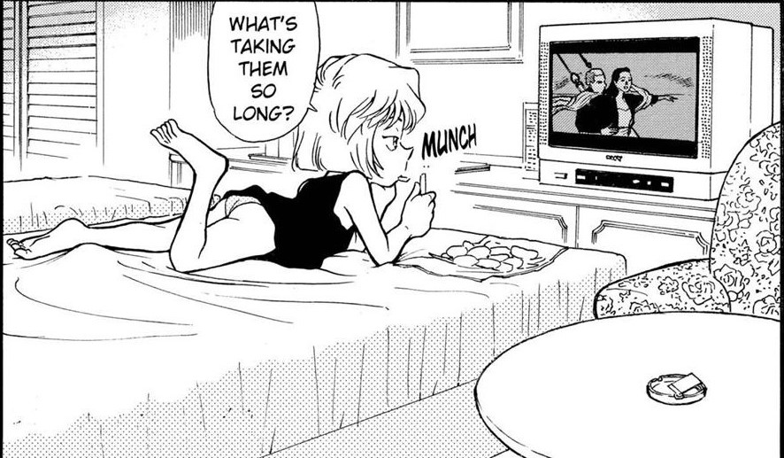 1girl, aoyama_goushou, ass, barefoot, cropped, eating, english_text, feet, haibara_ai, hard-translated, leg_up, loli, lying, meitantei_conan, monochrome, official_art, on_stomach, panties, pantyshot, snack, solo, television, third-party_edit, titanic_(movie), underwear, watching_television