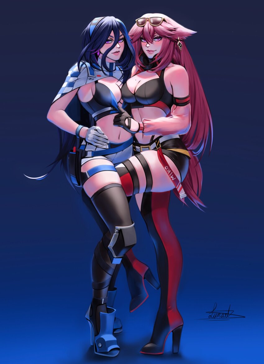 2girls, absurdres, animal_ears, bare_shoulders, black_skirt, black_thighhighs, boots, cape